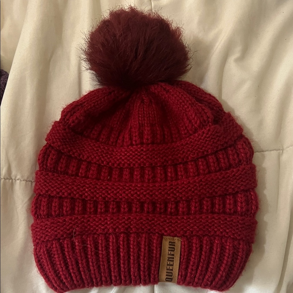 Women's Queenfur Red Knit Beanie with Pom-Pom ** FREE COSMETIC GIFT W/Purchase**